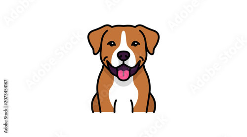 A cute brown and white puppy sits with a happy expression