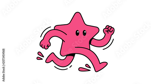 A bright pink star character is running across the white background