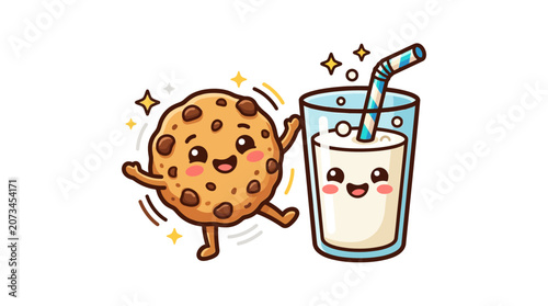 A happy cookie and a glass of milk are dancing together