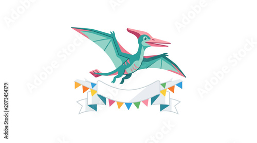 A cute flying prehistoric creature above a festive party banner