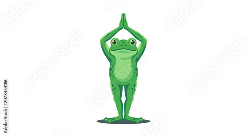 A cute green frog performs a peaceful yoga pose in studio