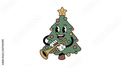 A happy cartoon tree plays a golden trumpet for the holidays