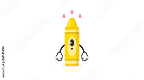 A cute yellow wax crayon character stands on a white background