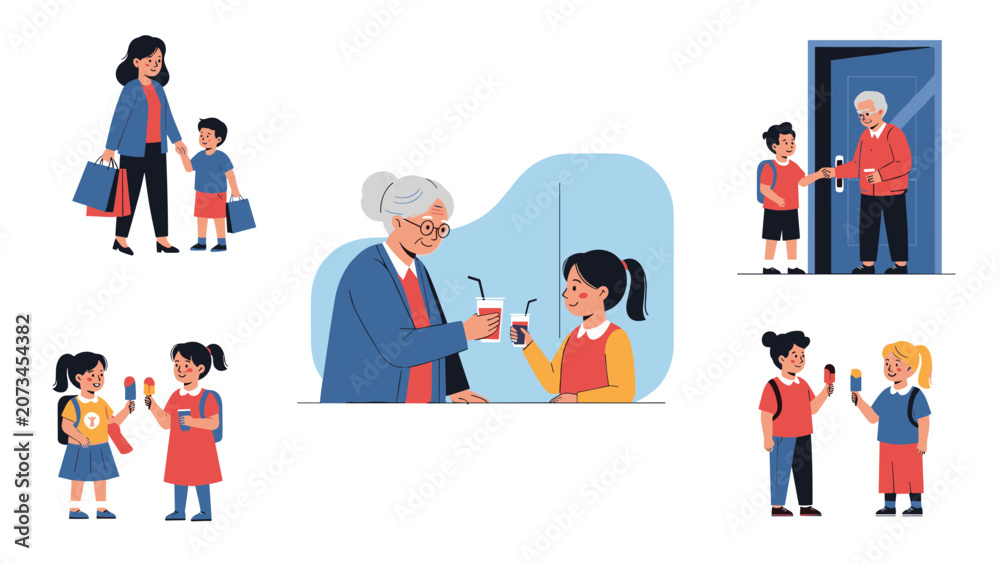 Fototapeta premium Multiple heartwarming illustrations show a grandmother interacting with her grandchildren, including walking, sharing drinks, and eating ice cream.