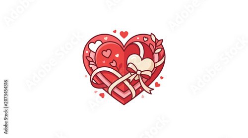 A decorative red heart illustration with ribbons on white background
