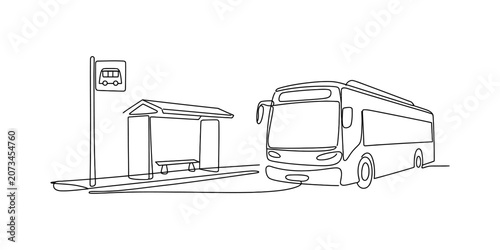 Continuous one line drawing of a bus at a bus stop station with a sign Vector, illustration