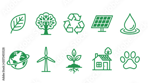 Eco-friendly icons depict earth with green leaf, tree, recycling symbol, solar panel, water droplet, wind turbine, seedling, house, and animal paw on white background.