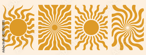 Groovy retro abstract sun backgrounds featuring organic doodle shapes in a trendy naive hippie sixties and seventies style for contemporary poster print