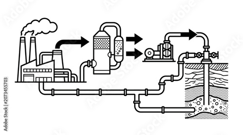 A technical diagram showing an industrial carbon capture process flow