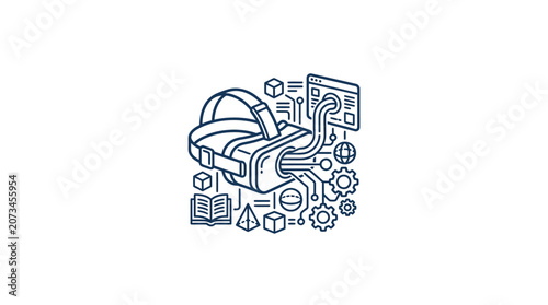 A digital illustration of a virtual reality headset and icons