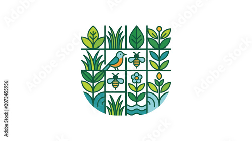 A stylized grid illustration featuring various plants and small animals