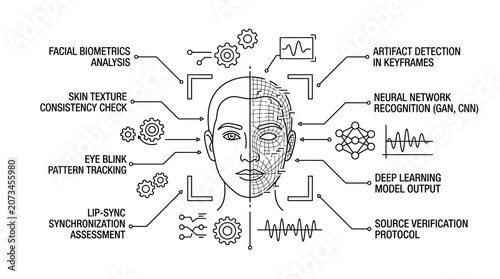 A digital diagram shows advanced facial recognition technology analysis