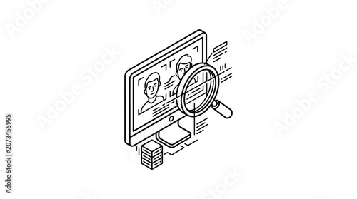 A magnifying glass examines digital profiles on a computer screen