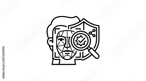 A digital icon showing facial recognition and security protection