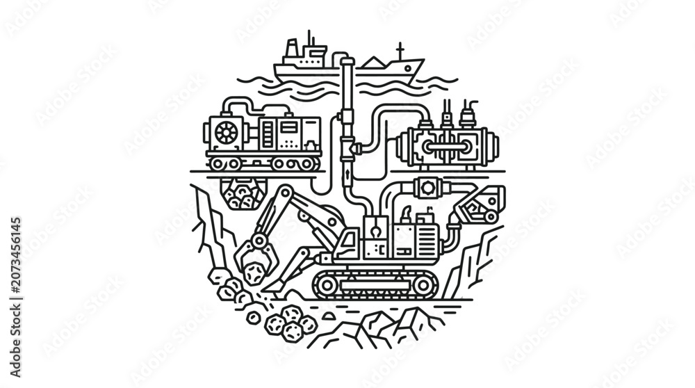 Obraz premium A circular line art illustration of industrial mining operations