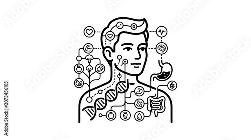 A black and white illustration showing human body health systems