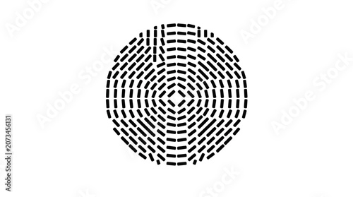 A circular pattern made of small black dashes on white background