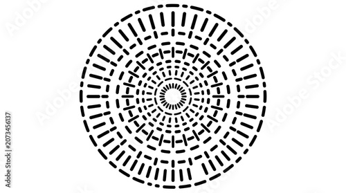 A circular pattern of dashed lines creates a geometric design