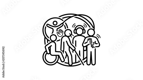 A simple black line icon representing diverse people with disabilities