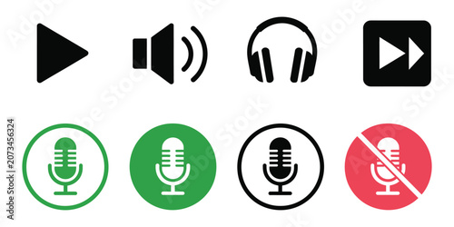 Bild auf Leinwand Media Control Vector Icons with Play, Speaker, Headphones and Microphone Symbols