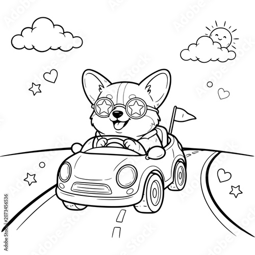 Corgi dog driving car coloring page, cute puppy in sunglasses on road trip vector, cartoon animal character line art for kids activity book