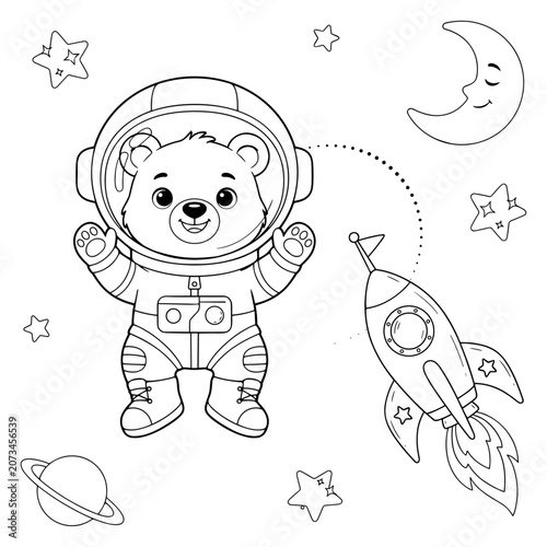 Cute astronaut bear coloring page for kids, space explorer teddy bear in spacesuit with rocket ship, galaxy adventure line art vector illustration