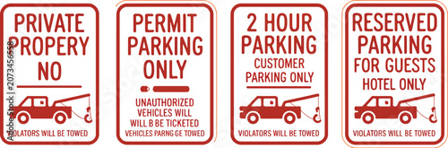 Foto Towing sign illustration set, generic tow away zone no parking private parking and towing enforced warning symbols