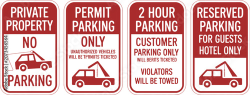 Foto Towing sign icons illustration set, generic tow truck vehicle removal no parking and private property enforcement graphics