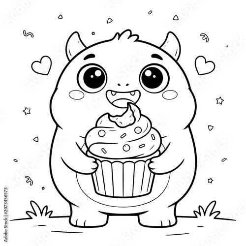 Cute monster coloring page for kids, adorable cartoon creature eating a cupcake vector, black and white outline illustration of a friendly monster