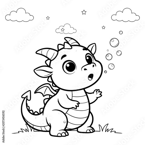 Cute baby dragon coloring page vector, adorable mythical creature line art with bubbles and clouds, whimsical fantasy animal illustration for kids