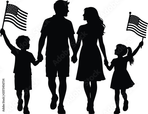 American family walking together with flags patriotic silhouette