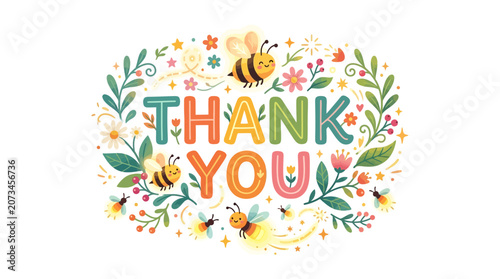 Картината върху платно Colorful Floral Bee Themed Thank You Typography Greeting Card Design with Cute I