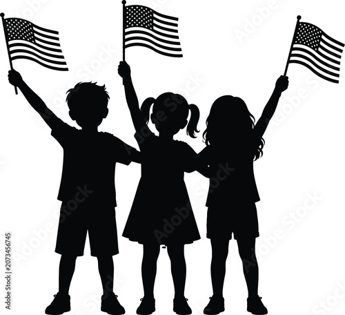Silhouette of children holding american flags on white background