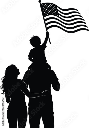 American family silhouette with waving us flag patriotic illustration for independence day