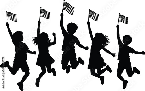 Joyful children jumping with american flags silhouette on white background