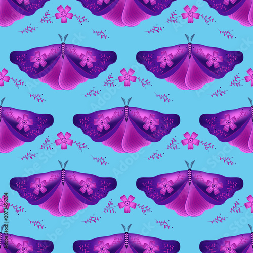 Night fly with floral ornamebt on wings vector seamless pattern, folk art fab...