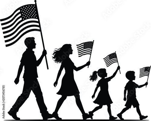 American family silhouette with flags on white background