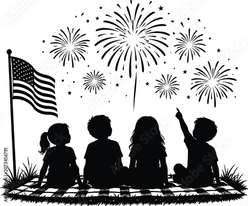 Fourth of july silhouette children watching fireworks with american flag display