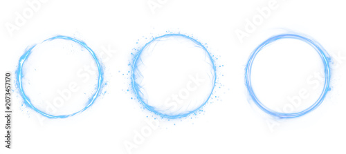 Schilderij op canvas Set of glowing blue neon halos adorned with luminescent particles and cosmic energy