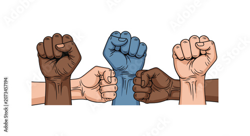 Diverse group of multiethnic human hands raised as clenched fists symbolizing power, unity, and social protest.