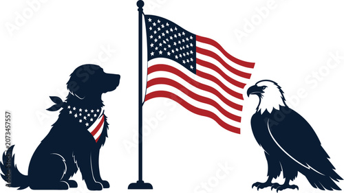 Patriotic american symbols dog bald eagle and waving united states flag illustration