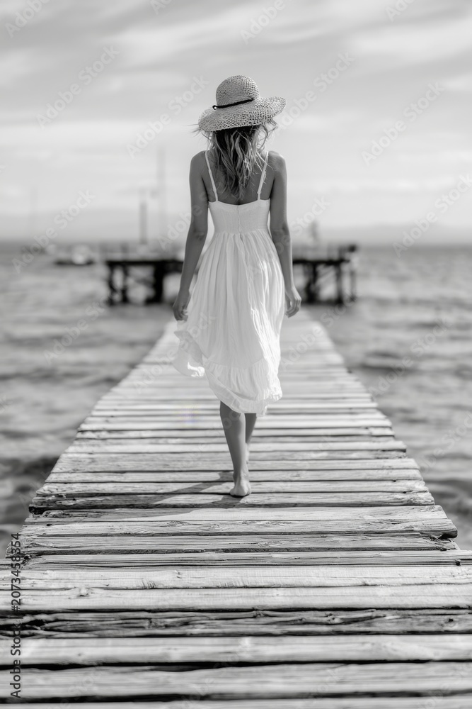Fototapeta premium Woman in white dress walks on wooden pier, feeling wonder by the water during midday in black and white setting