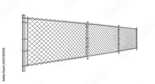 Metallic chain link fence showing perspective depth isolated on a plain white background for security concept.
