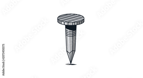 Single industrial steel construction nail with a flat circular head standing vertically on a plain white background.