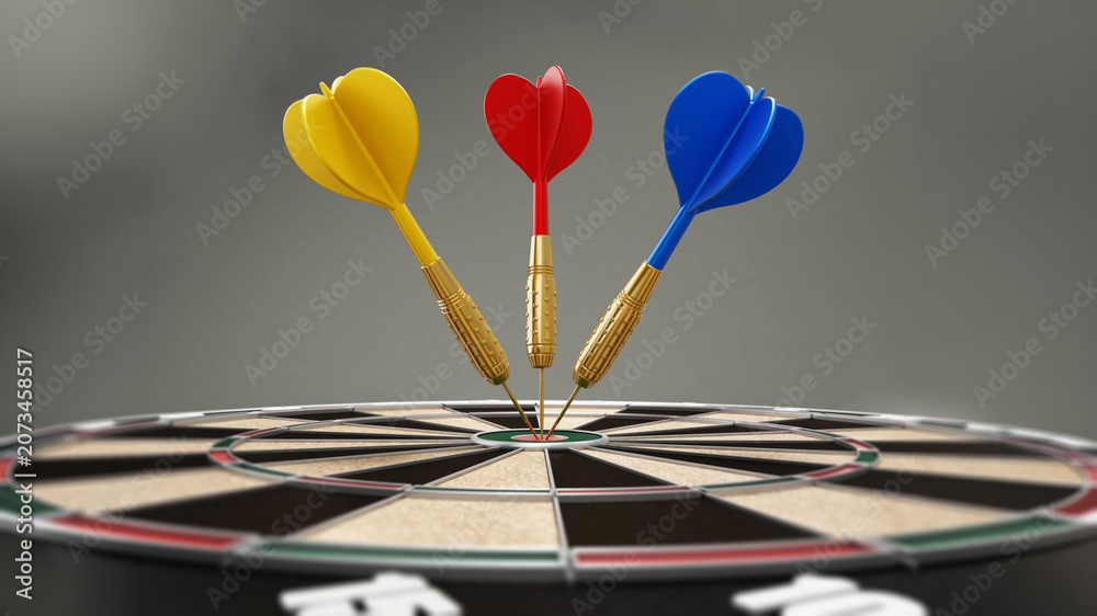 Fototapeta premium Red, yellow and blue darts at the center of the dartboard. 3D illustration