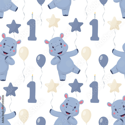 Seamless pattern with cute hippos, balloons, stars and number one. Vector illustration in soft flat cartoon style. Kids birthday background for textile, wrapping paper, nursery decor, design
