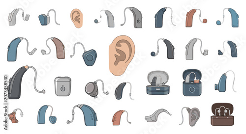Collection of modern hearing aid devices in different styles and colors next to a human ear illustration.