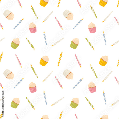 Seamless pattern with cupcakes and birthday candles in scattered layout. Vector illustration in soft flat minimal style. Festive dessert background for party decor, wrapping paper, cards design