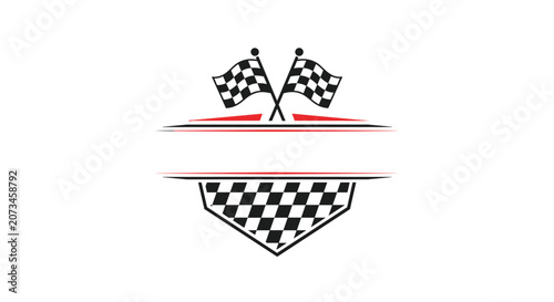 Motorsports speedway emblem featuring two crossed checkered flags and a shield shape for custom text design.