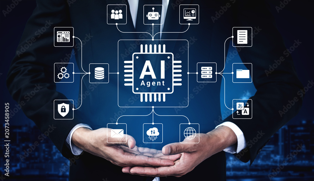 Obraz premium Professional Businessman Presenting AI Agent Concept with Digital Icons and Data Connections in Modern Background for Technology and Innovation Themes. Glyphic.
